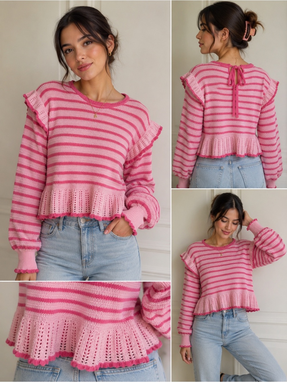 Rareraw Pink Striped Ruffle Peplum Knit Sweater Size Large NWOT